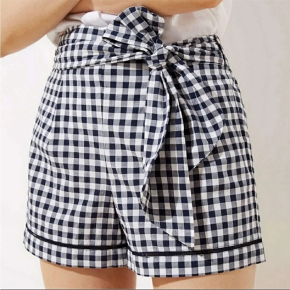 NWT LOFT Gingham Tie Waist Shorts in Navy - Picture 1 of 10